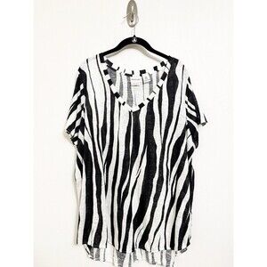 Rachel Zoe Linen Top Womens Plus Size 1X Black White Zebra Print 3/4 Sleeve
